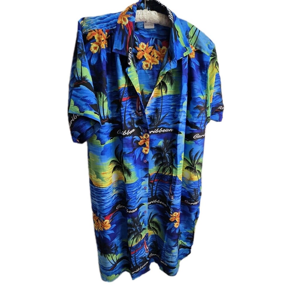 Rima Beachwear Caribbean Hawaiian Shirt‎ Cover Up Button Front Blue One Size
